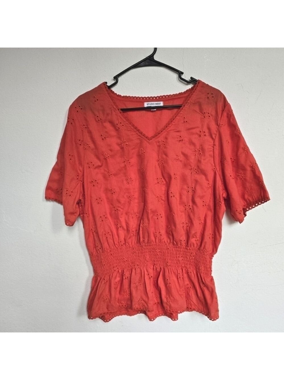 Studio West Short Sleeve Top Embroidery & Cinched Waist Salmon XL